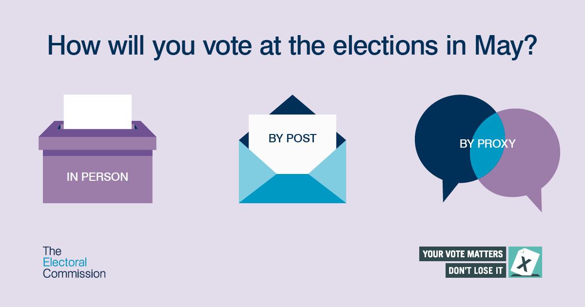 How will you vote at the elections in May? In person; by post; by proxy. The Electoral Commission. Your vote matters. Don't lose it.